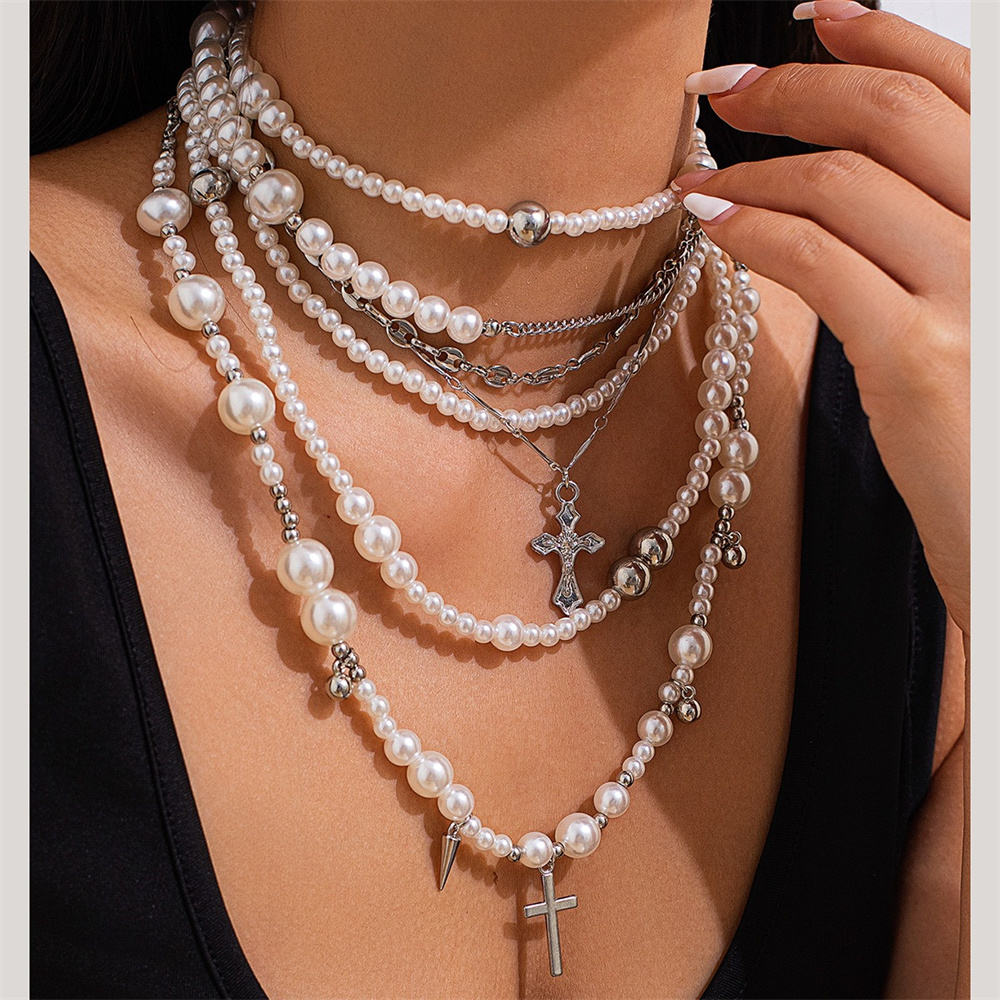 Layered Pendant Necklace Aesthetic - Многослойное ожерелье-цепочка с искусственным жемчугом для