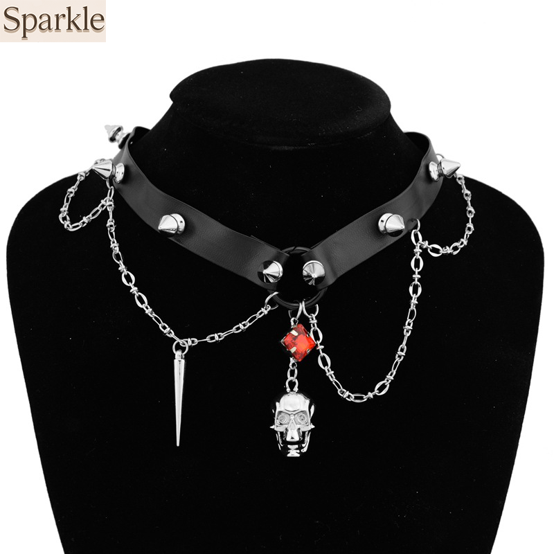 Goth Punk Spike Choker - Кожаное колье с темным черепом, сверхмощное