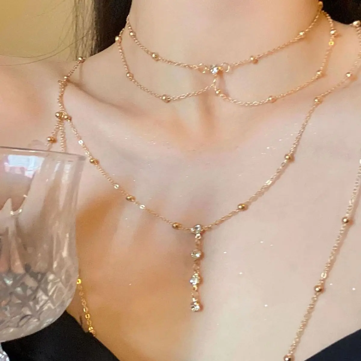 Layered Pendant Necklace Aesthetic - Сексуальная эстетичная многослойная сверкающая цепочка для